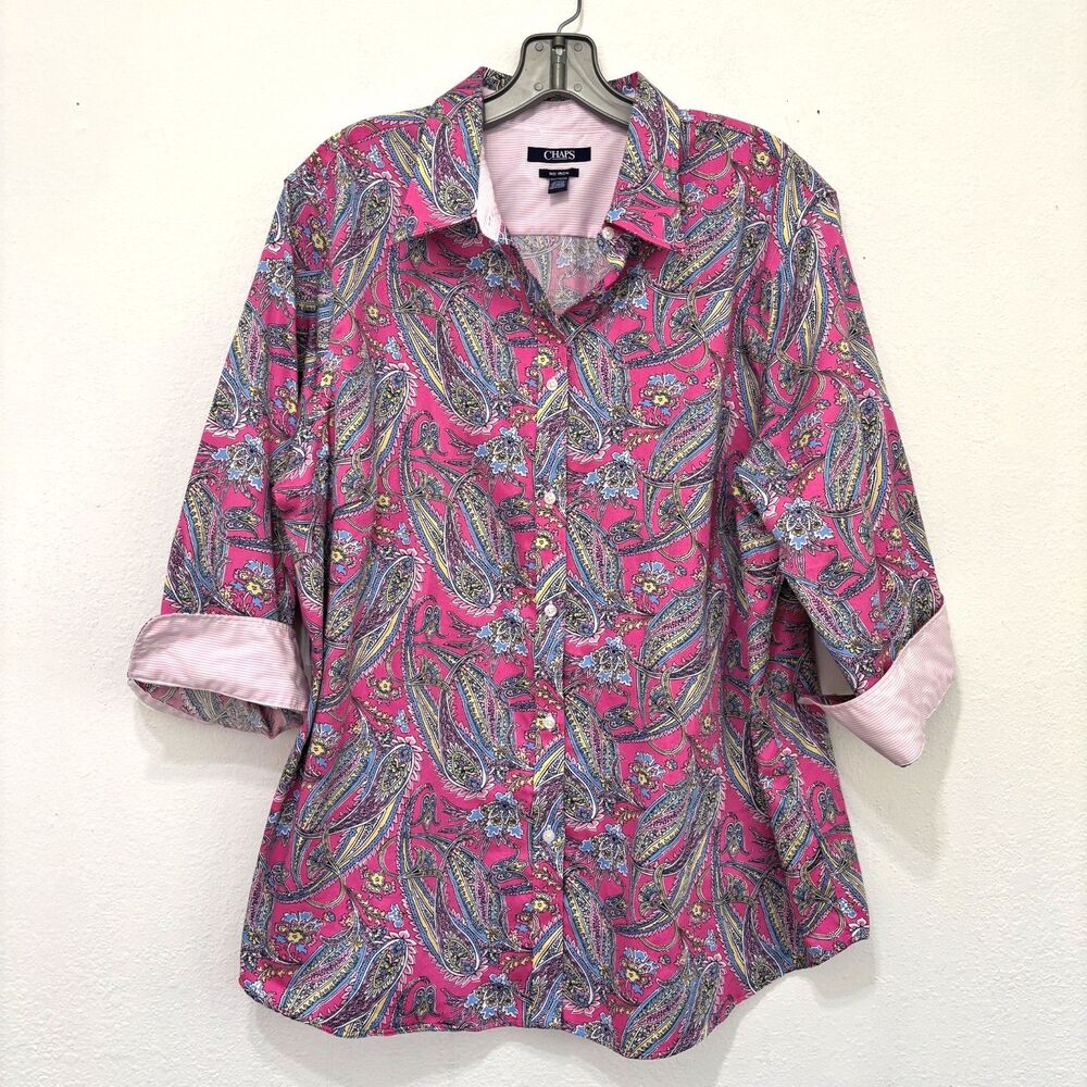 Chaps Womens Old Money Preppy Paisley Button Up 2XL Pink Quiet Luxury Vibrant